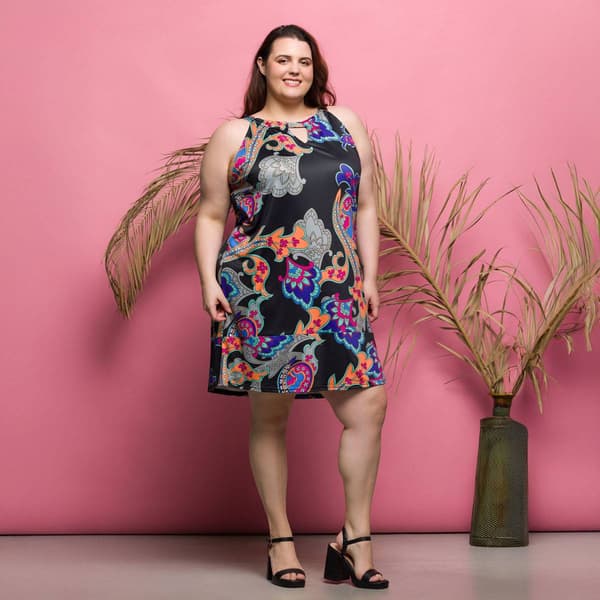 Plus Size 24/7 Comfort Apparel Black Paisley Keyhole Dress