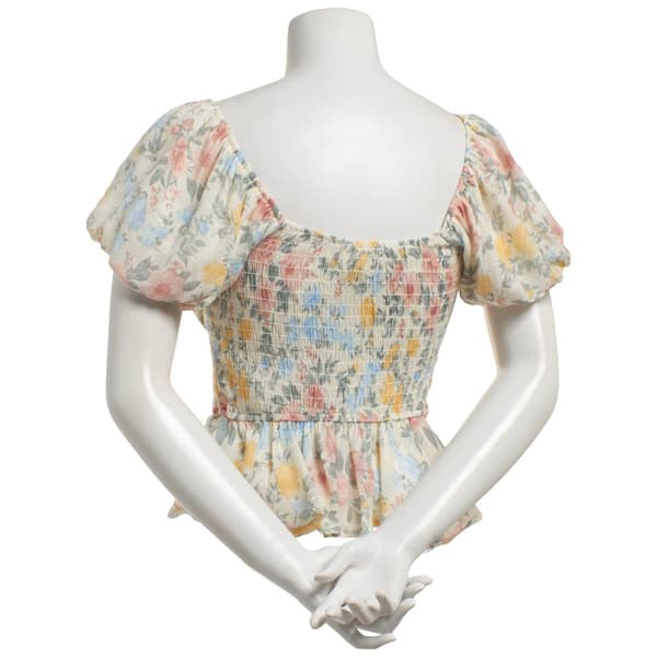 Juniors Trixxi Short Sleeve Puff Gauze Side Smocked Top