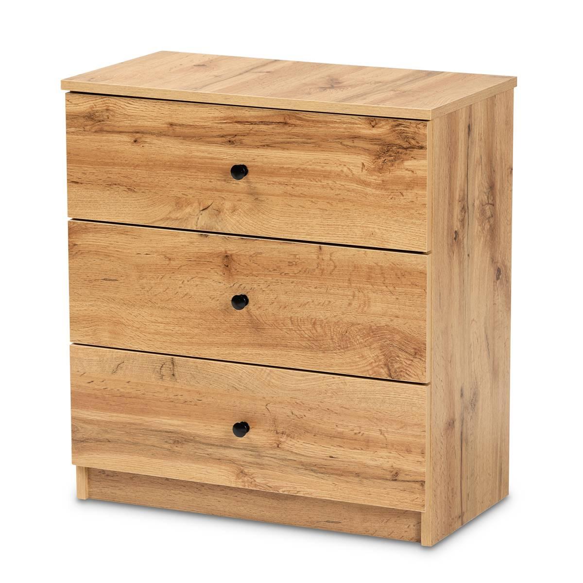 Baxton Studio Decon Oak Brown Wood 3-Drawer Storage Chest