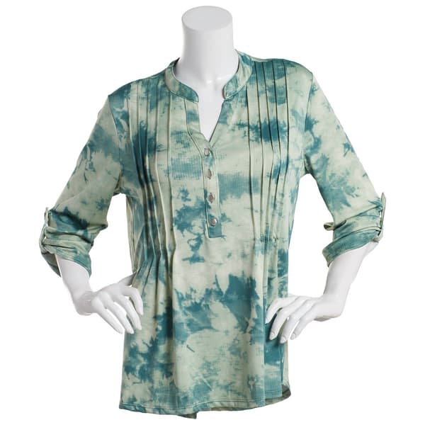 Womens Notations 3/4 Sleeve Tie Dye Pleat Knit Henley Blouse - image 