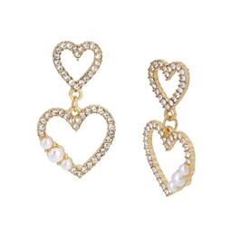 Steve Madden Crystal & Pearl Hearts Double Drop Earrings