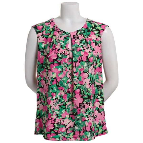 Plus Size Kasper Cap Sleeve Floral Keyhole Blouse