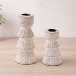 Melrose White Washed Wood Taper Candle Holder - Set of 2