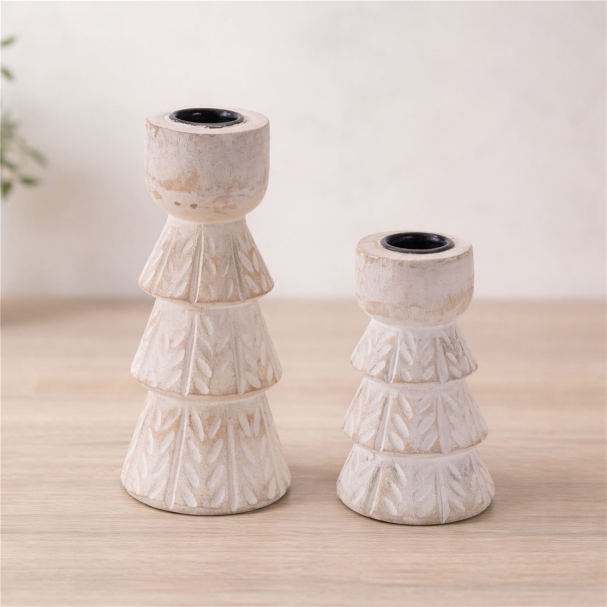 Melrose White Washed Wood Taper Candle Holder - Set of 2