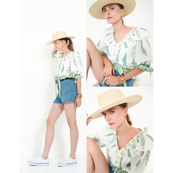 Womens MNK Elbow Sleeve V-Neck Ruffle Blouse