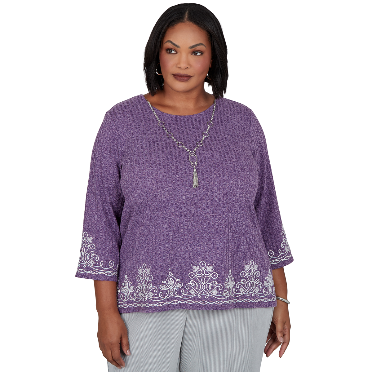 Plus Size Alfred Dunner Vail 3/4 Sleeve Soutache Border Sweater