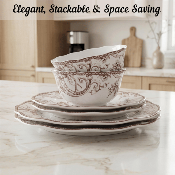 222 Fifth Adelaide Brown on White Porcelain 12pc. Dinnerware Set