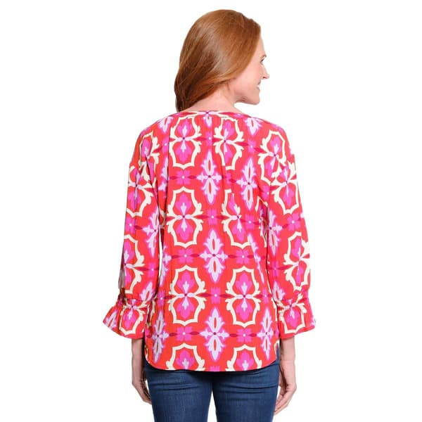 Plus Size Ali Miles 3/4 Smocked Sleeve Geometric Blouse