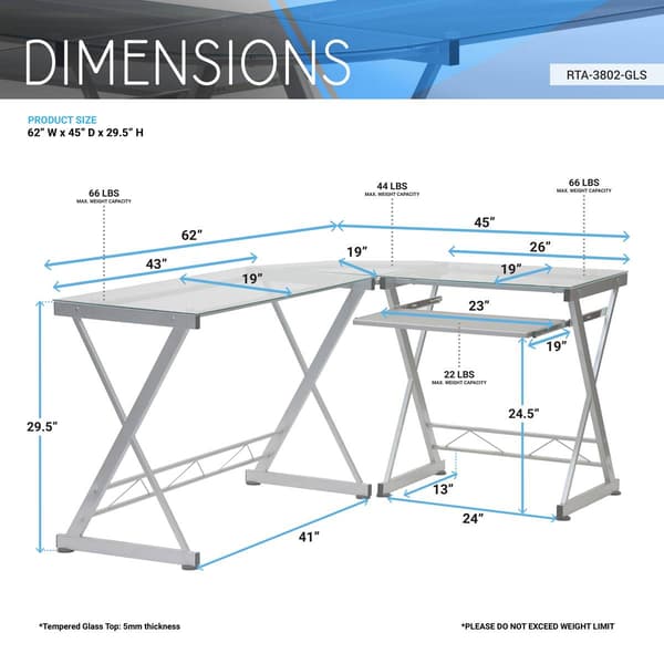 Techni Mobili 62in L-Shaped Glass Computer Desk w/ Keyboard Panel