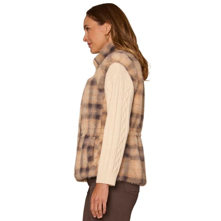 Womens Democracy Funnel Neck Zip Front Plaid Faux Fur Vest