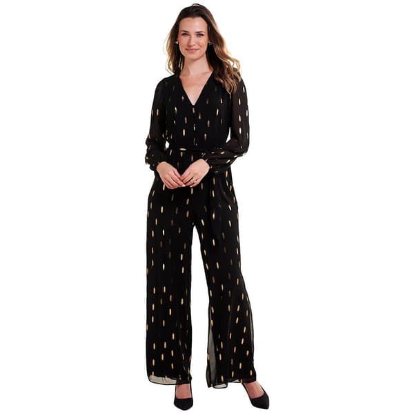 Msk Petite Long Sleeve V Neck Chiffon Jumpsuit Black Gold Size P M