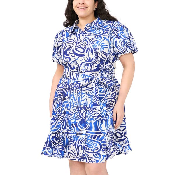 Plus MSK Short Sleeve Print Cotton Poplin Shirt Dress