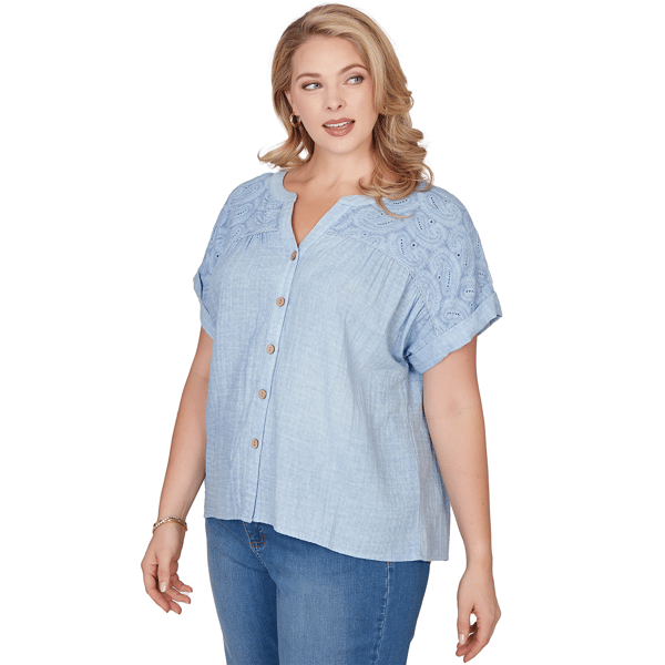 Women''s Ruby Rd. French Riviera Paisley Embroidered Gauze Button