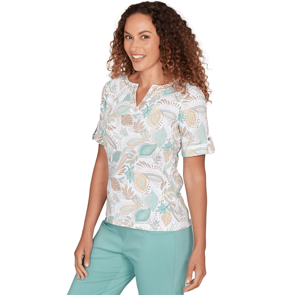 Womens Hearts of Palm Fresh Start Roll Tab Sleeve Leaf Blouse