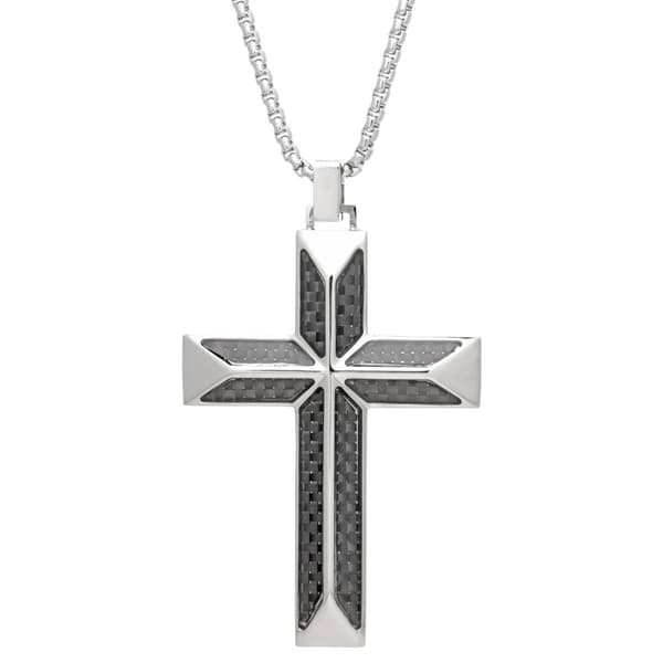 Mens Lynx Stainless Steel & Carbon Chain Cross Pendant - image 