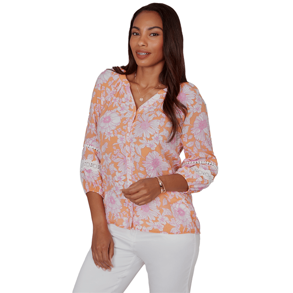 Womens Ruby Rd. Hothouse Florals 3/4 Sleeve Floral Button Blouse
