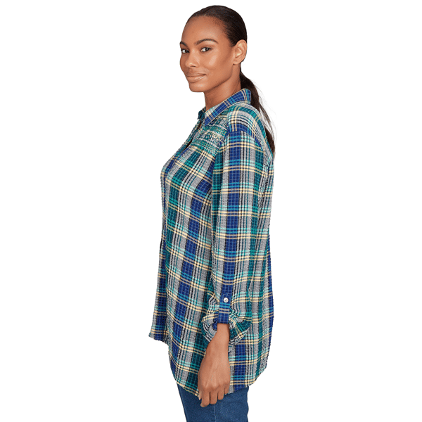 Petite Ruby Rd. Fall Flair Roll Tab Embroidery Plaid Blouse