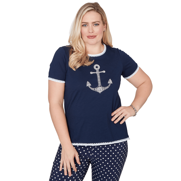 Petites Alfred Dunner Port Side Pearl Anchor Graphic Tee