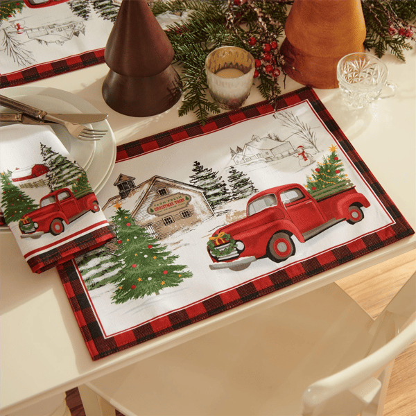 Threadmade Vintage Christmas Tree Farm Holiday Placemat-Set of 4