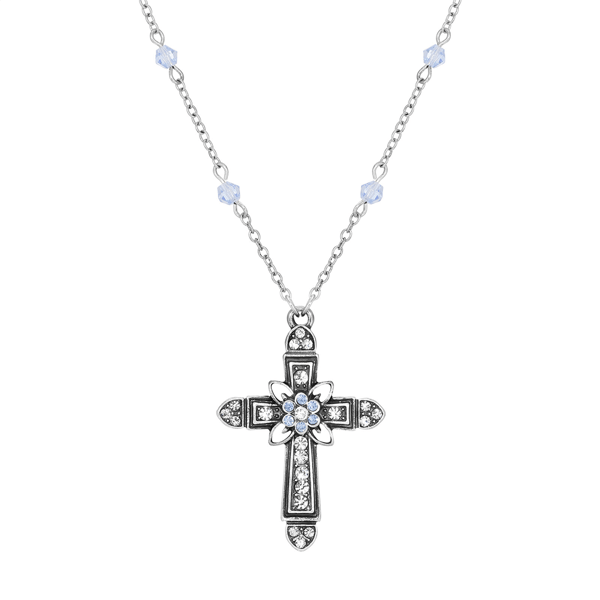Symbols of Faith Center Flower Crystal Cross Bead Chain Necklace - image 
