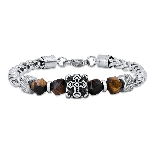 Mens Iron Saints Cross Tiger’s Eye Bead Chain Bracelet - image 