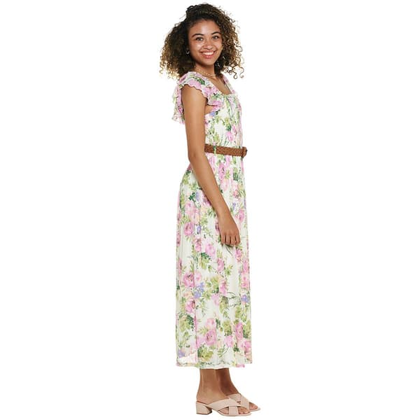 Juniors Wallflower Flutter Sleeve Smock Bodice Belted Maxi Dress