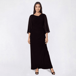 Petite Connected Apparel Sheer Cape Sleeve Ruched Evening Gown