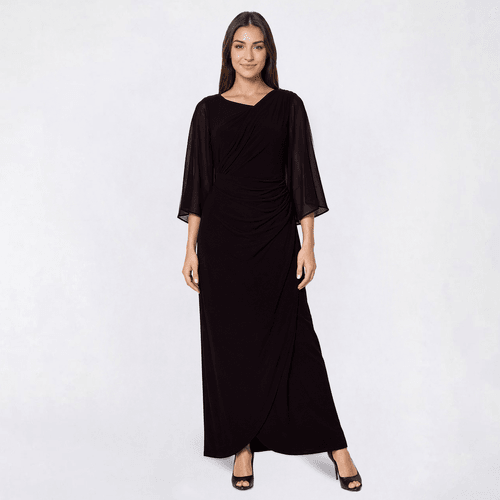 Petite Connected Apparel Sheer Cape Sleeve Ruched Evening Gown