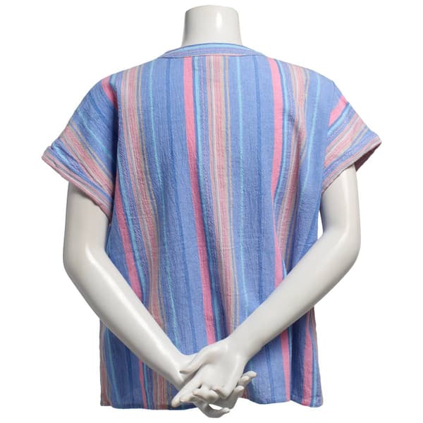 Petite Erika Madison Short Sleeve Stripe Split Neck Blouse