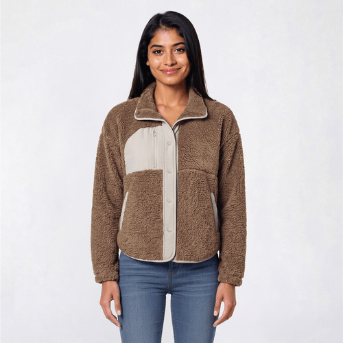 Juniors Pink Rose Sherpa Snap Front Zip Pocket Jacket - image 