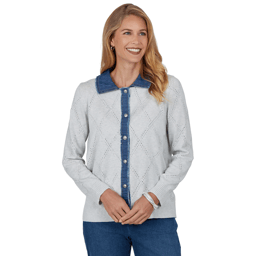 Petite Alfred Dunner Ann Arbor Denim Trim Rhinestone Cardigan