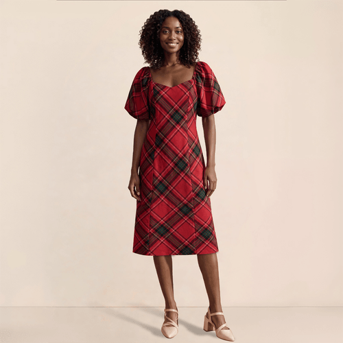 Womens Draper James Plaid Puff Sleeve A-Line Dress