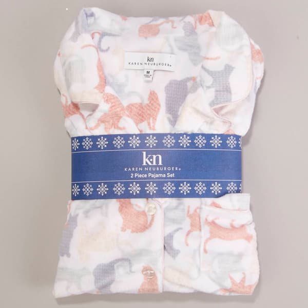 Womens Karen Neuburger Long Sleeve Cozy Cat Fleece Pajama Set