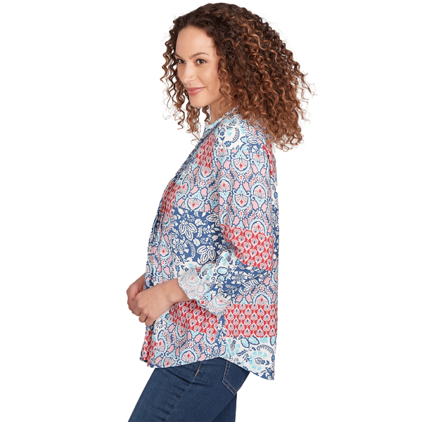 Petite Ruby Rd. Indigo Go Pintuck Patchwork Henley Blouse
