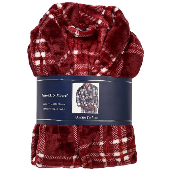 Mens Preswick &amp; Moore(R) Plaid Velvet Robe - Burgundy/White