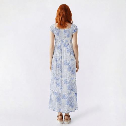 Juniors Pink Rose Floral Gauze Crinkle Maxi Dress- Blue Tile