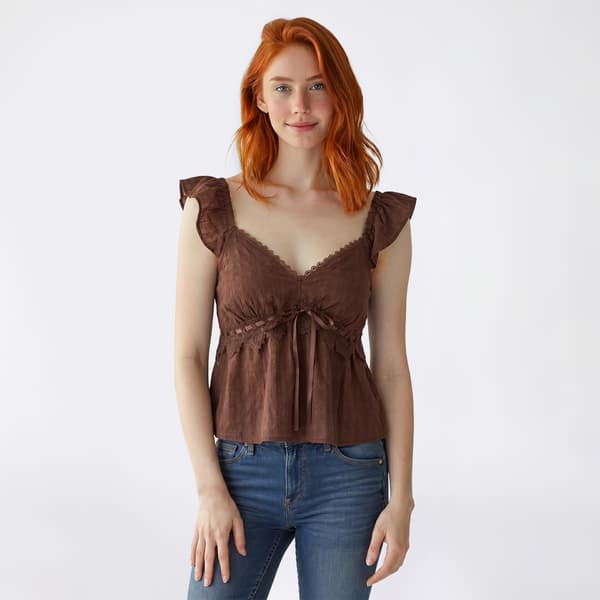 Juniors Trixxi Solid Stripe Flutter Sleeve Lace Babydoll Top - image 