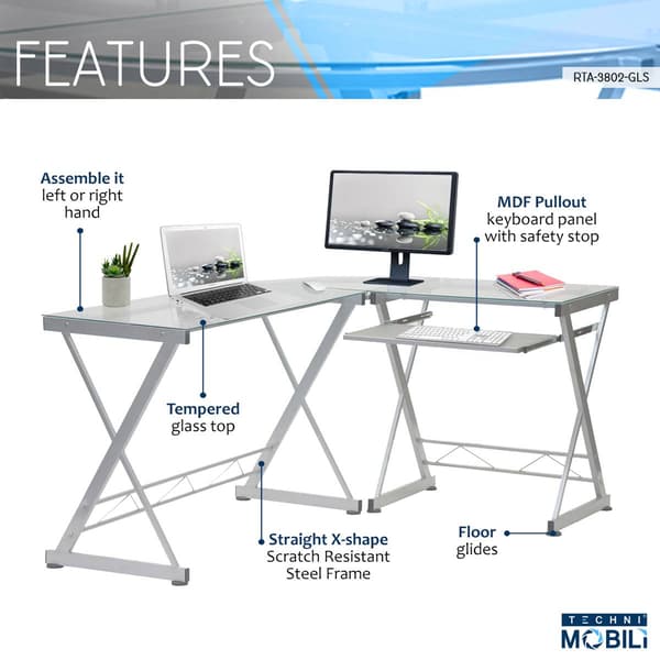 Techni Mobili 62in L-Shaped Glass Computer Desk w/ Keyboard Panel