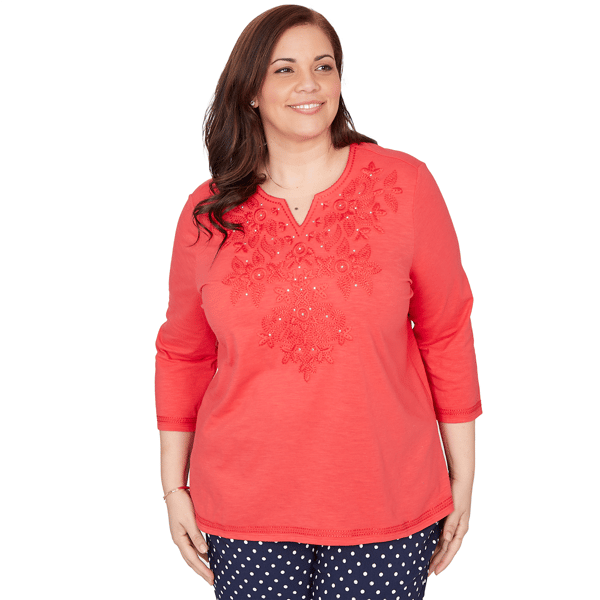 Plus Size Alfred Dunner Port Side Tonal Embroidered Split Neck T - image 