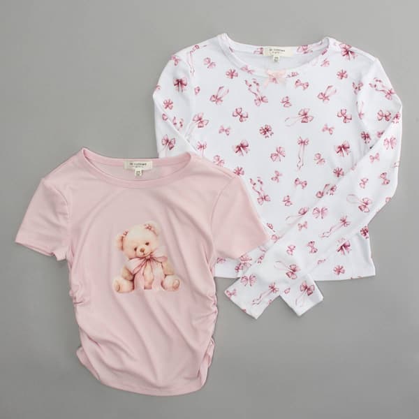 Girls &#40;7-16&#41; No Comment 2pk. Short & Long Sleeve Bear & Bow Tees - image 