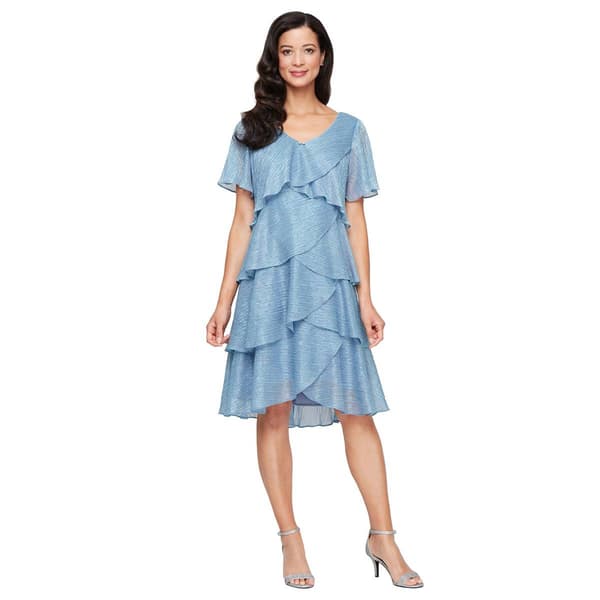 Womens SLNY Short Sleeve Tiered Shimmer Fit &amp; Flare Borde Dress - image 