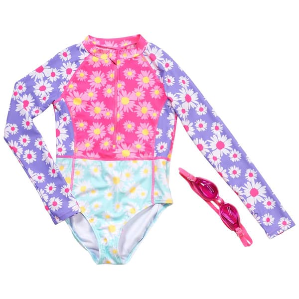 Girls (7-12) Be Magical One Piece Daisy Rashguard w/ Goggles - image 