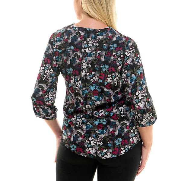 Plus Size Zac & Rachel 3/4 Roll Tab Sleeve Y-Neck Print Blouse