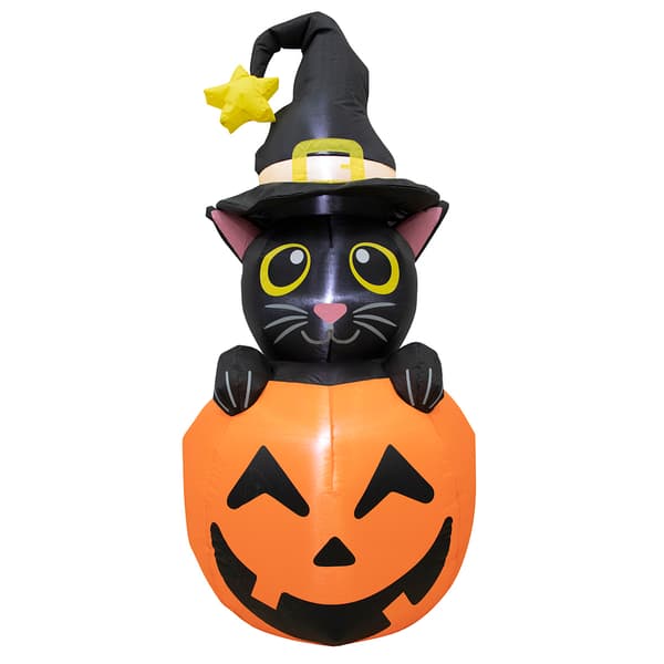 4ft. Inflatable Black Cat in a Pumpkin w/ a Witch Hat - image 