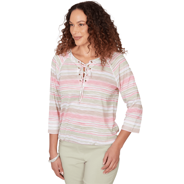 Womens Hearts of Palm Bloom Service Tie Neck Stripe Blouse