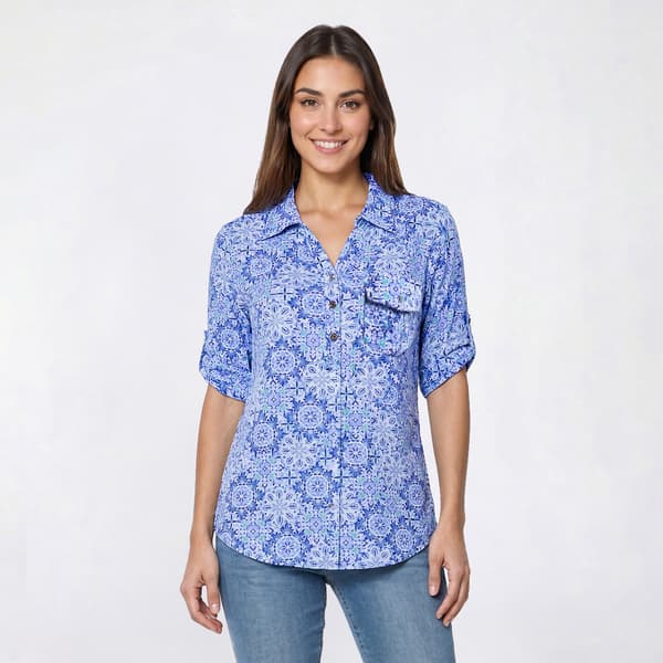 Petite Emily Daniels Roll Tab Elbow Sleeve Medallion Blouse
