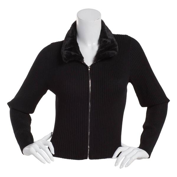 Juniors No Comment Faux Fur Collar Zip Front Cardigan - image 