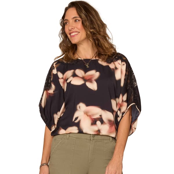Womens Democracy Inset Lace Dolman Sleeve Scoop Neck Woven Top - image 