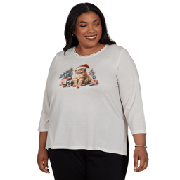 Plus Size Alfred Dunner Classics 3/4 Sleeve Santa Cat Tee