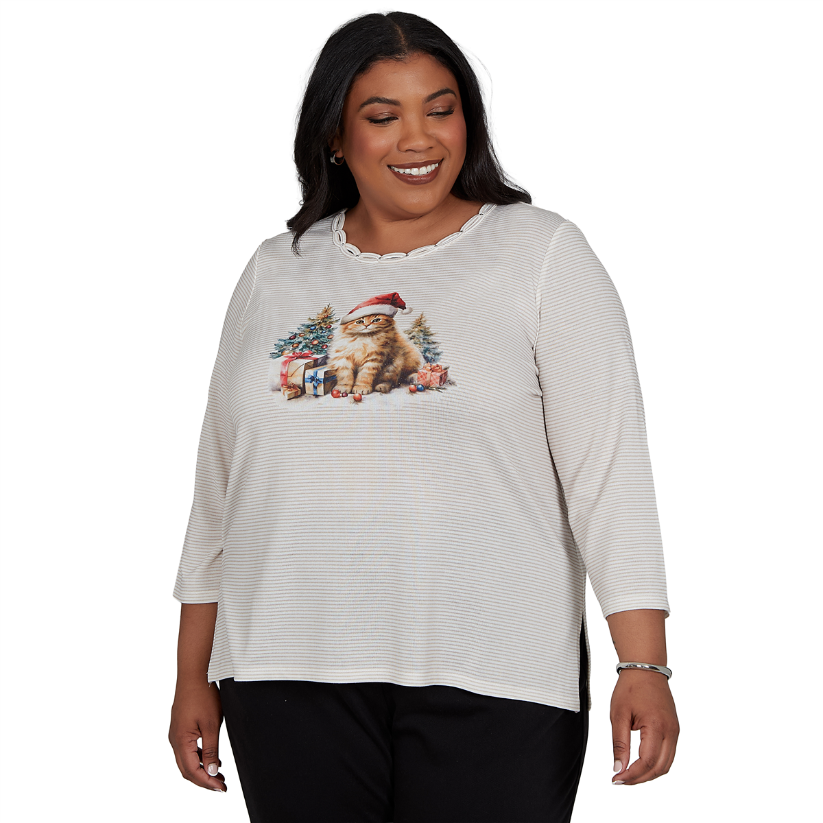 Plus Size Alfred Dunner Classics 3/4 Sleeve Santa Cat Tee